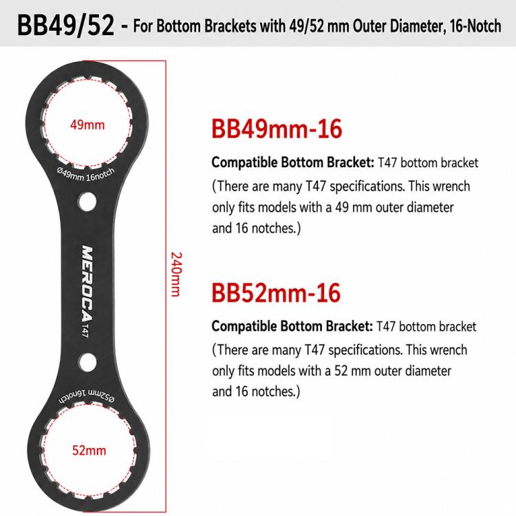 MEROCA BB49/BB52 hollow crankset removal spanner wrench, black with 16-notch ends