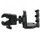 Adjustable car cup holder clamp in black, side view with swinging cup supports