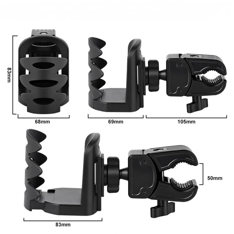 Adjustable car cup holder with black cradle arms and adjustable clamp, size diagram