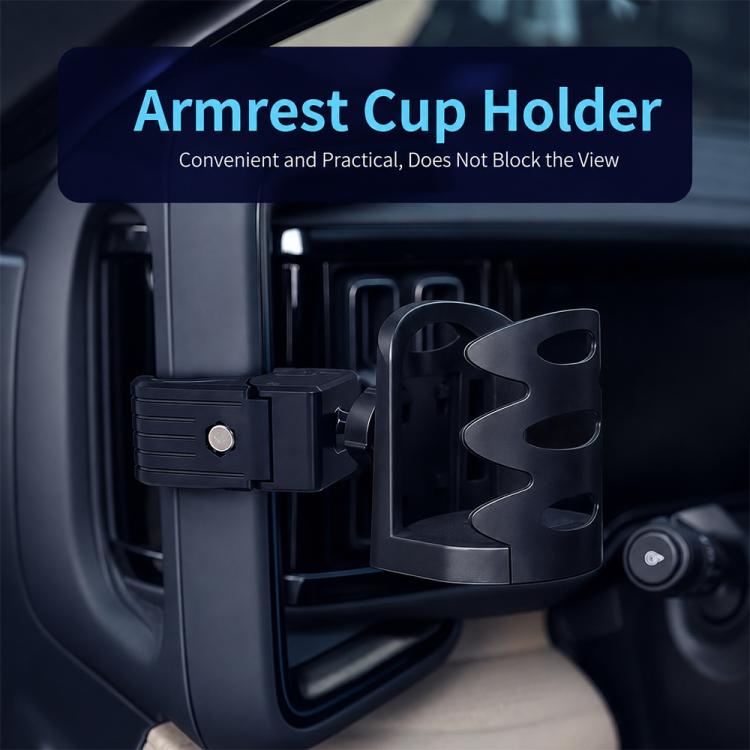 Armrest cup holder with black expandable cradle and adjustable clamp