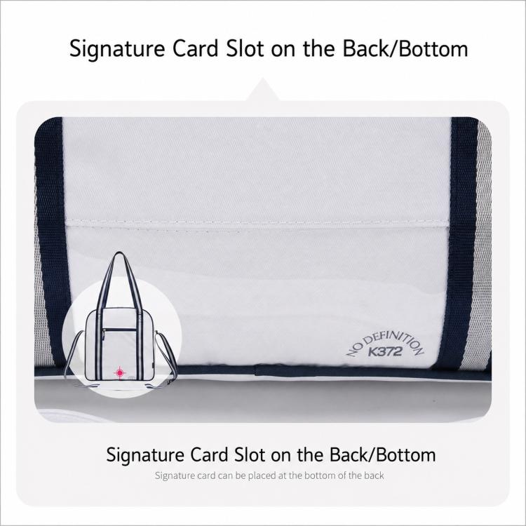 White and navy tennis sports bag showing back/bottom signature card slot area