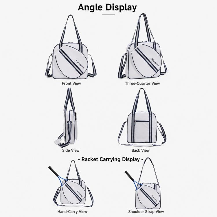 White and navy tennis bag with multiple views: front, side, back, and shoulder strap display