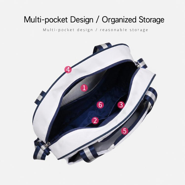 White and navy tennis bag with multi-pocket organized interior compartments