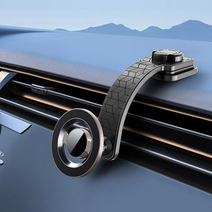 Car phone holder clamp with magnetic ring and vent mount, textured black and silver.
