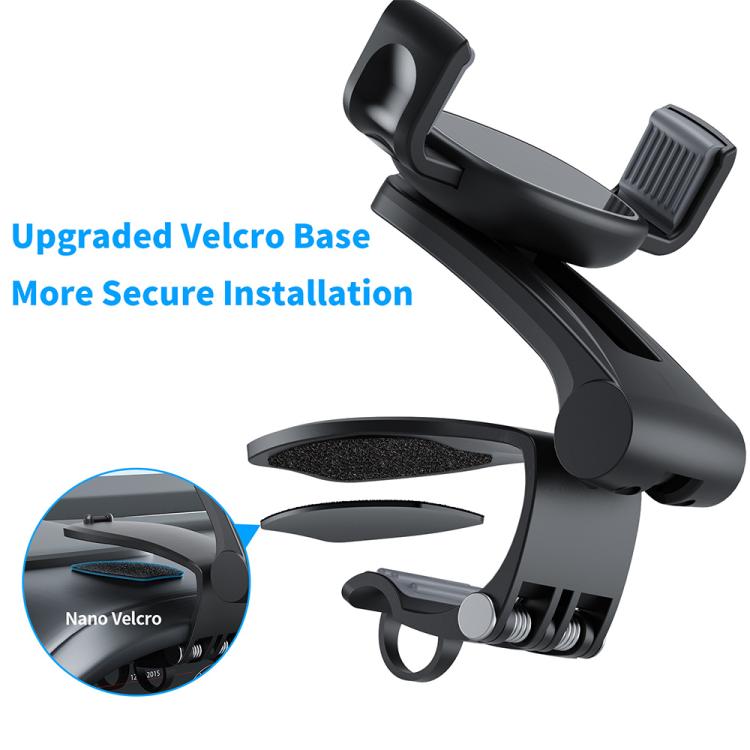 Car dashboard rail phone holder with curved arm and secure base pads for attachment