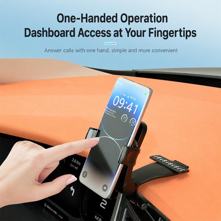 Car dashboard rail phone holder securing a smartphone for one-handed access