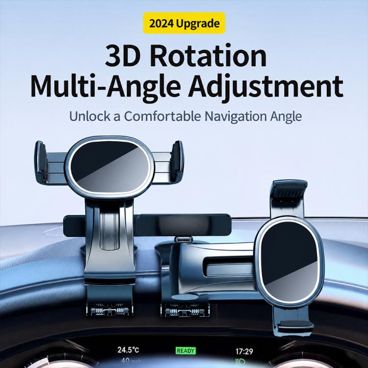 Car dashboard rail phone holder showing multi-angle adjustable circular phone cradle