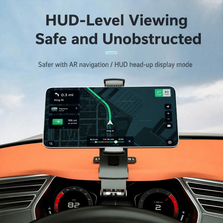 Car dashboard rail phone holder mounted on dashboard with wide-view display phone