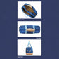 Blue sports tote bag shown from multiple angles with light blue straps and tan base.