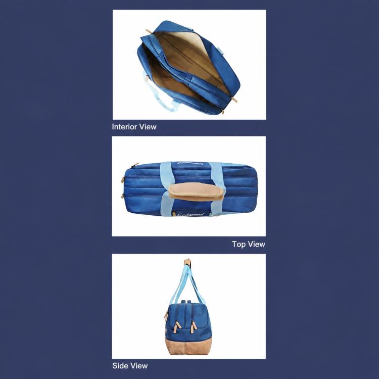 Blue sports tote bag shown from multiple angles with light blue straps and tan base.