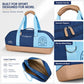Sports tote bag in navy and light blue with padded handles, zipper pulls, reinforced base.