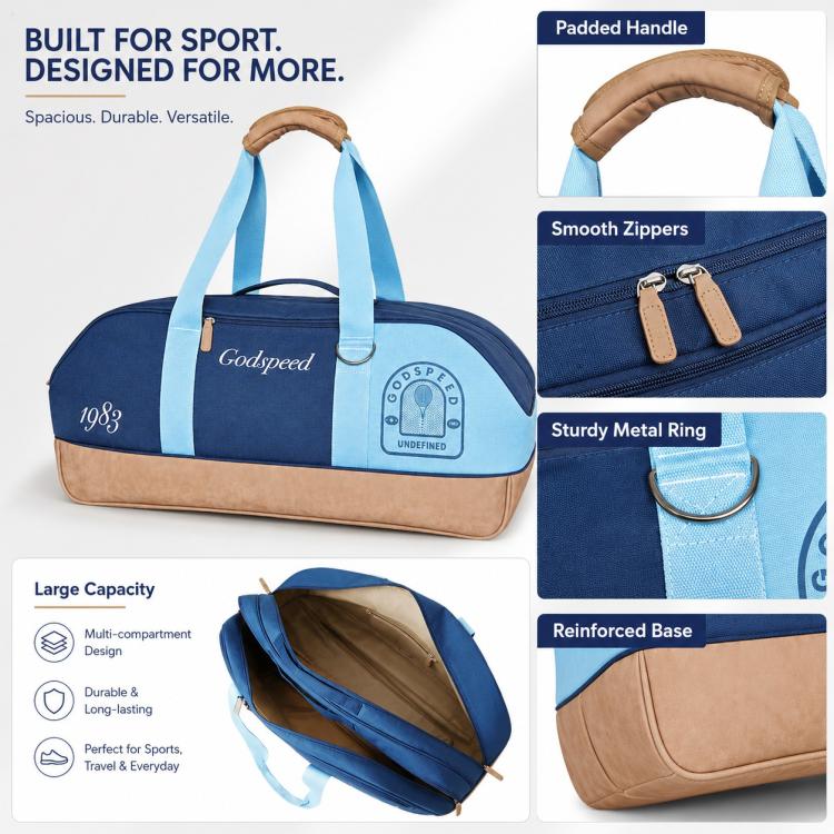 Sports tote bag in navy and light blue with padded handles, zipper pulls, reinforced base.