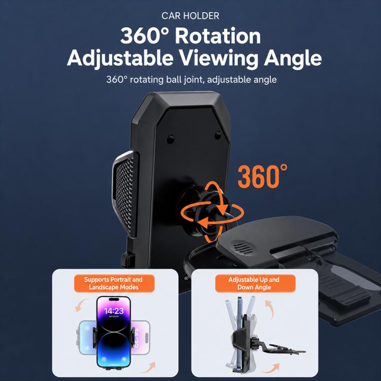 Black CD slot car phone holder with rotating 360° joint and adjustable viewing angle