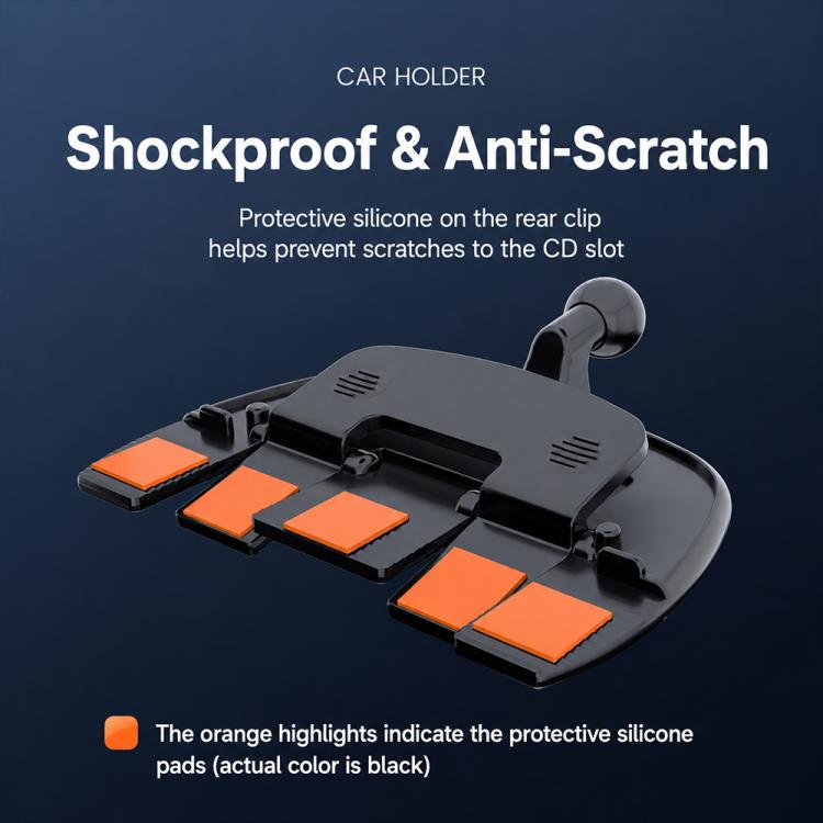 Car phone holder with rear anti-scratch silicone pads, black base with orange accents