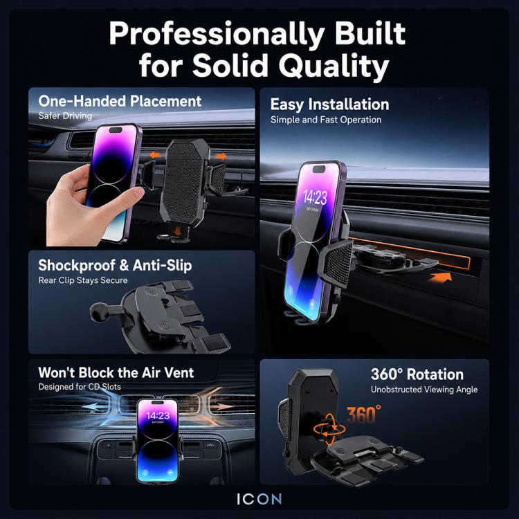 Car CD-slot phone holder showing 360° rotation and anti-slip textured pads on clip