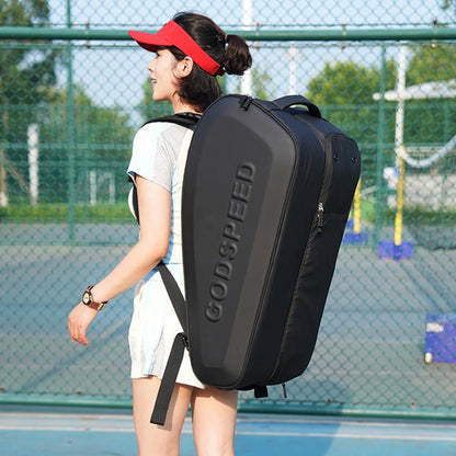 Black tennis racket storage backpack with padded hard shell and shoulder straps