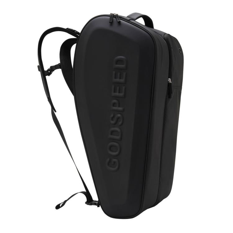 Black hard-shell tennis racket backpack with top handle and side zipper pocket