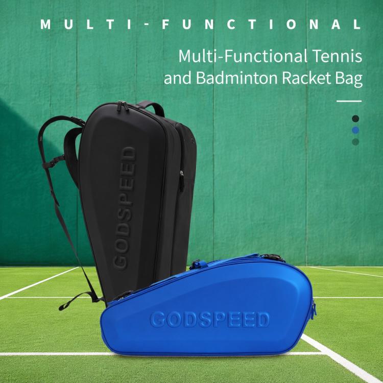 Black and blue hard-shell tennis racket storage backpacks with carrying straps
