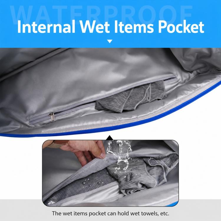 GODSPEED blue hard-shell racket bag showing internal wet items pocket with zipper