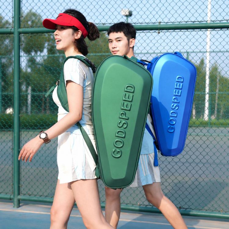 GODSPEED green and blue hard-shell racket bags with backpack straps on two players