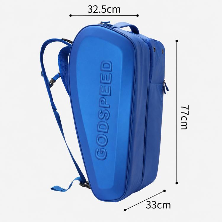 GODSPEED blue hard-shell racket bag with size dimensions shown and adjustable straps