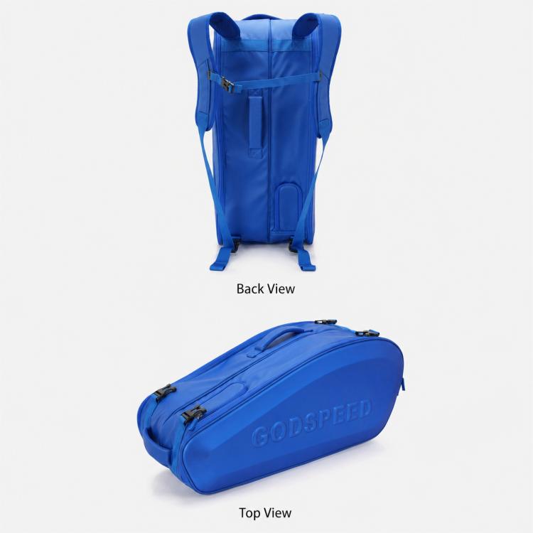GODSPEED blue hard-shell racket bag back and top views with backpack straps