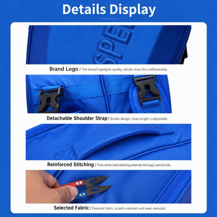 Blue hard-shell racket backpack with reinforced stitching, zipper pocket, detachable strap