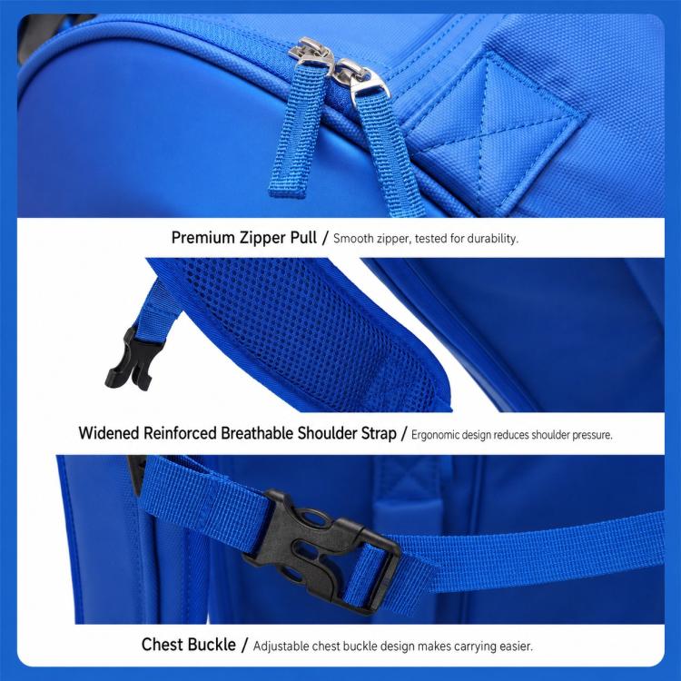 Blue tennis racket backpack close-up: zipper pull, padded strap, chest buckle