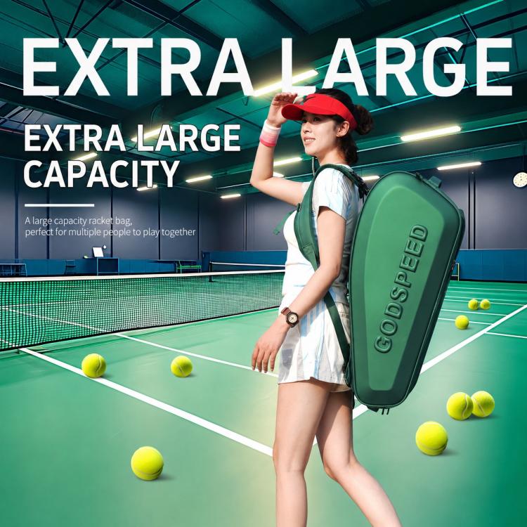 Green hard-shell tennis racket backpack with front carry handle and shoulder strap