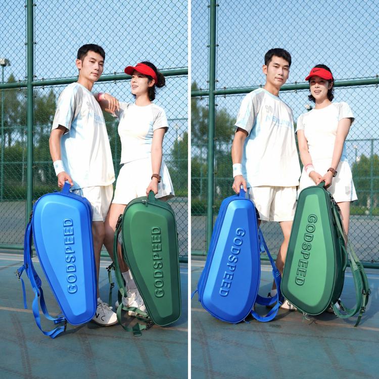 Three tennis racket backpacks in blue, green, and dark colors with shoulder straps