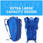 Blue hard-shell tennis racket backpack with two carry straps and open top