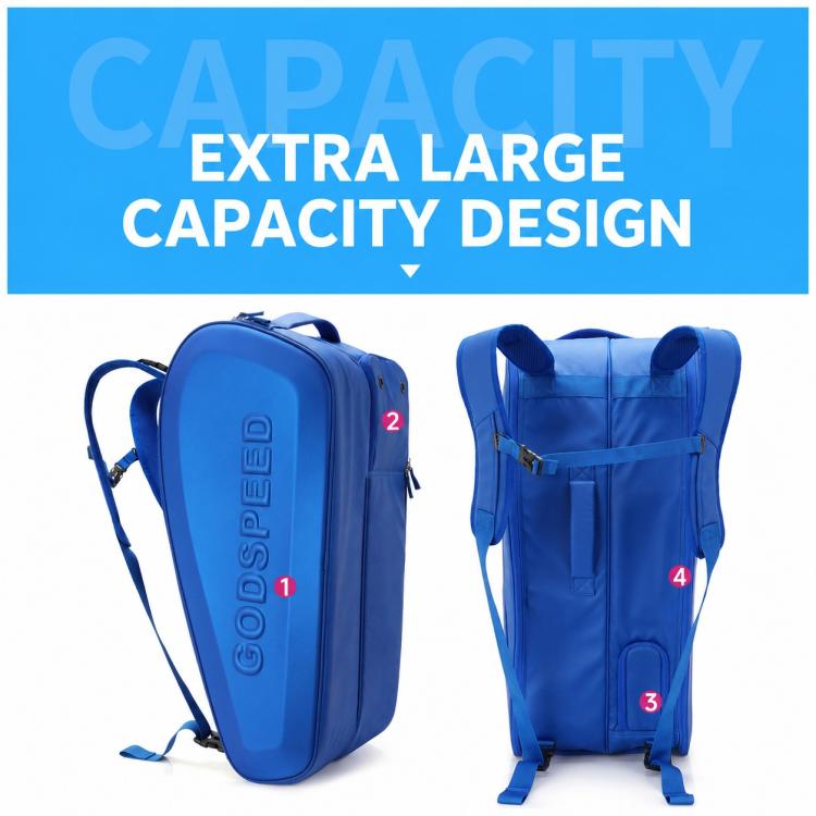 Blue hard-shell tennis racket backpack with two carry straps and open top