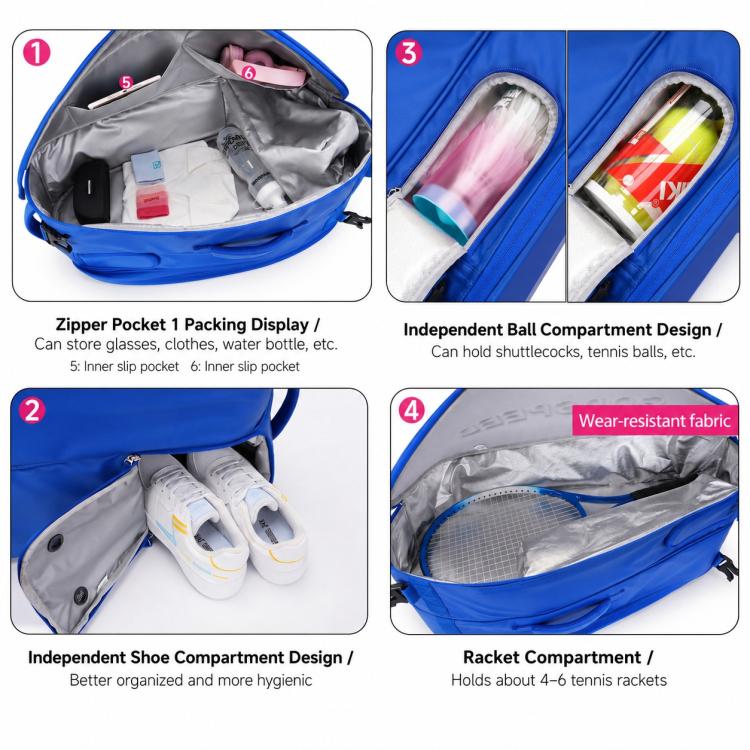 Blue tennis racket backpack interior with multiple zip compartments and shoe pocket