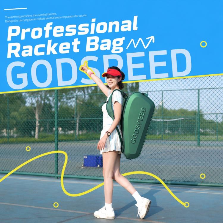 GODSPEED green hard-shell tennis racket bag with oval carrying handle and shoulder straps