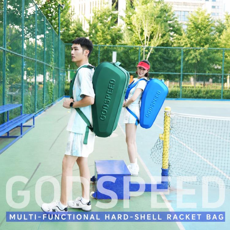 GODSPEED green and blue hard-shell racket bags, carried on court with backpack straps