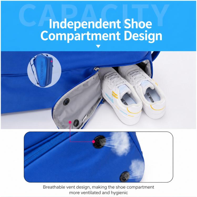 GODSPEED blue hard-shell racket bag open, showing shoe compartment and padded interior