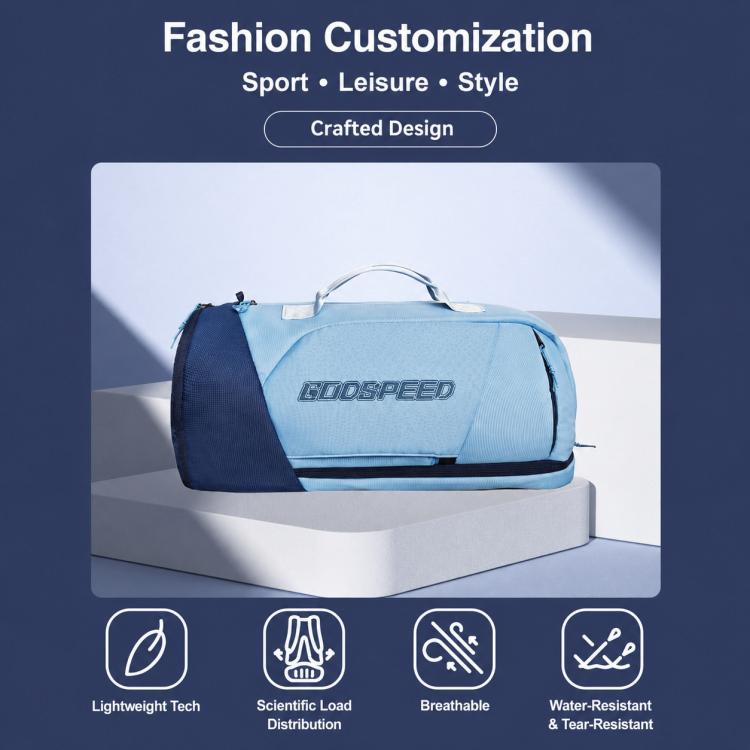 Light blue and navy sports racket bag with wide duffel main compartment
