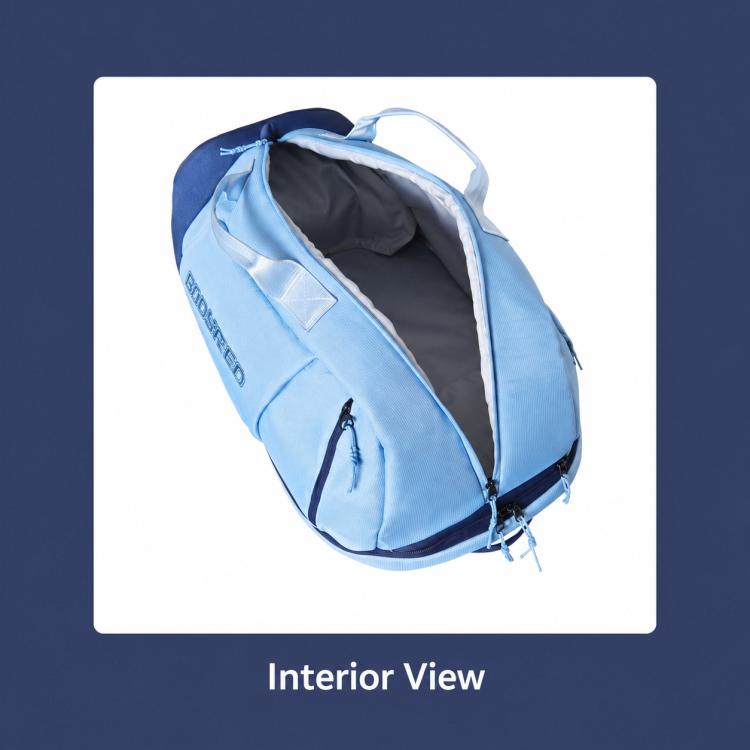 Light blue racket bag backpack opened to show interior compartment lining