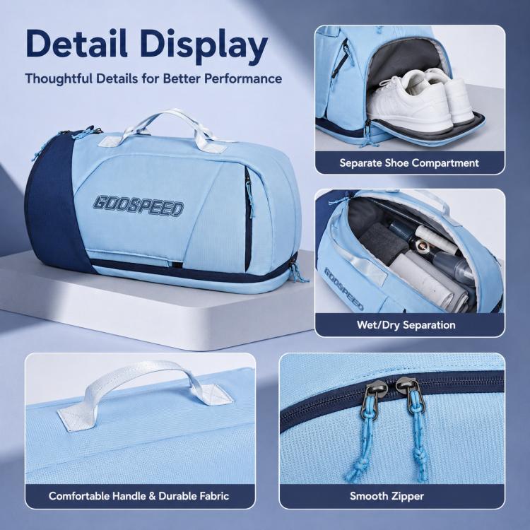 Racket bag backpack details: separate shoe compartment and wet/dry divider