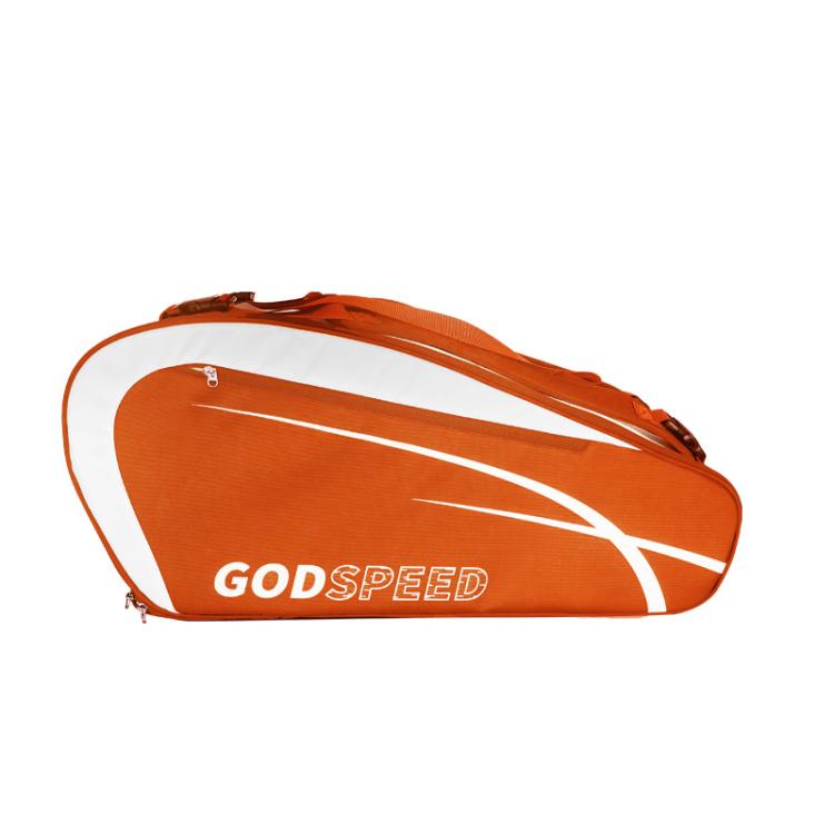 Orange racquet sports bag with white curved stripes, front zipper, and GODSPEED logo