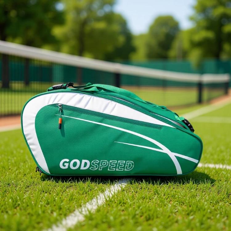 Green tennis and badminton racquet bag with white stripe design and GODSPEED logo