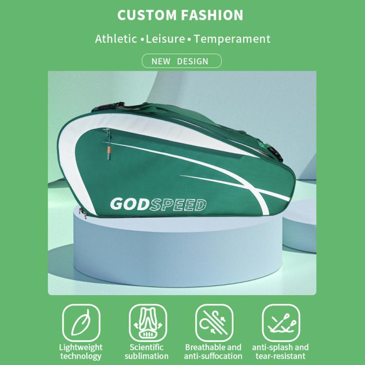 Green tennis and badminton racquet bag with white stripe, front zip, and carry handle