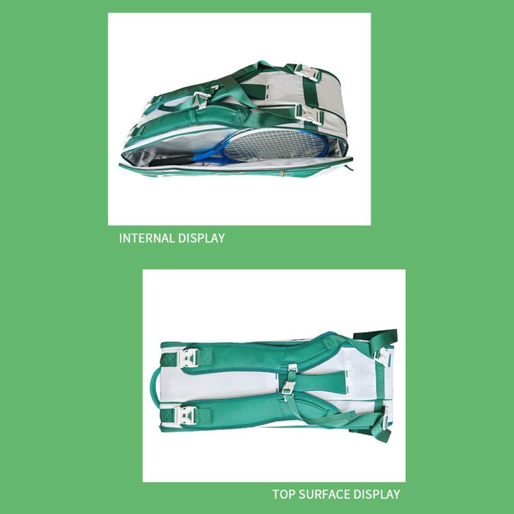 Green racquet bag interior with mesh panel, straps, and open top compartments
