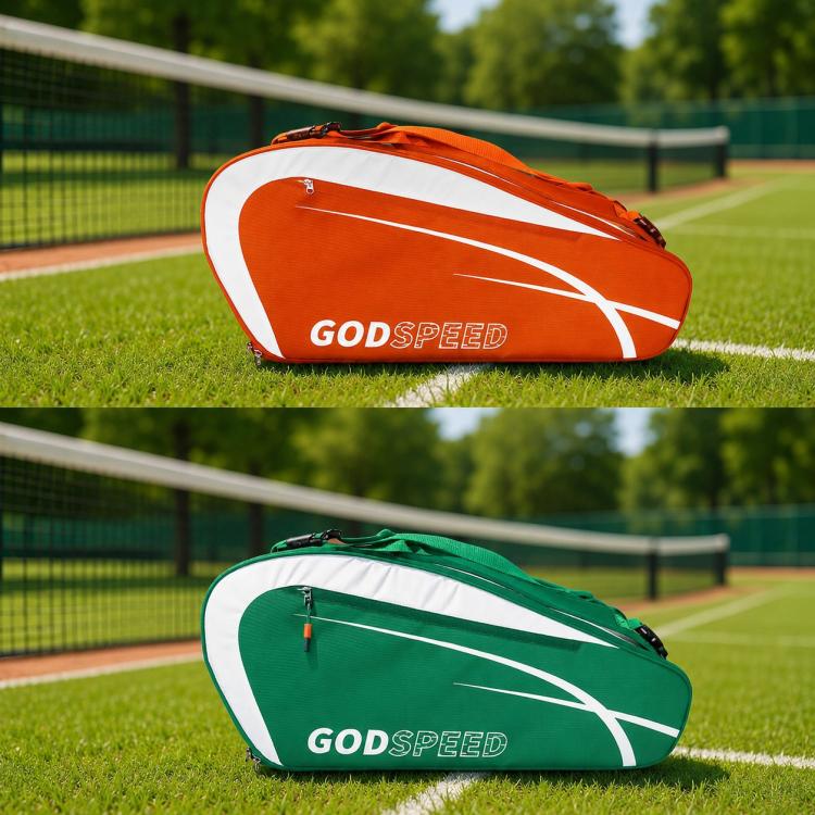 Orange and green tennis racquet bags with white stripes and GODSPEED branding