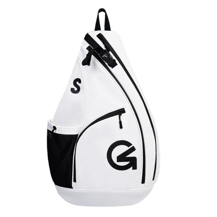 White and black triangular crossbody bag with top handle and zip front pocket