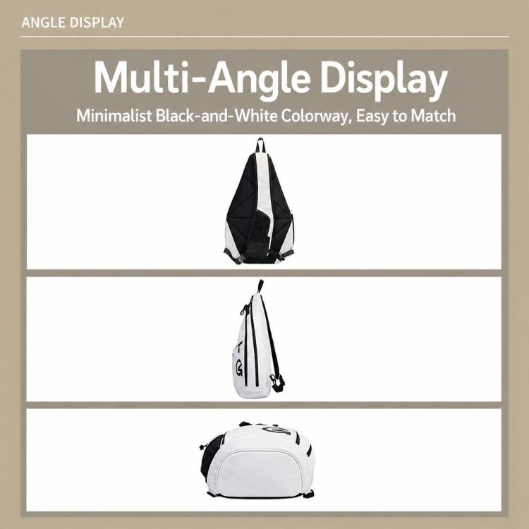 Color-block crossbody bag shown from multiple angles: white body with black sides