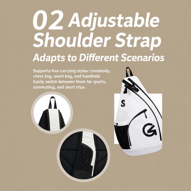 White sports crossbody bag with adjustable strap and black-and-white logo front