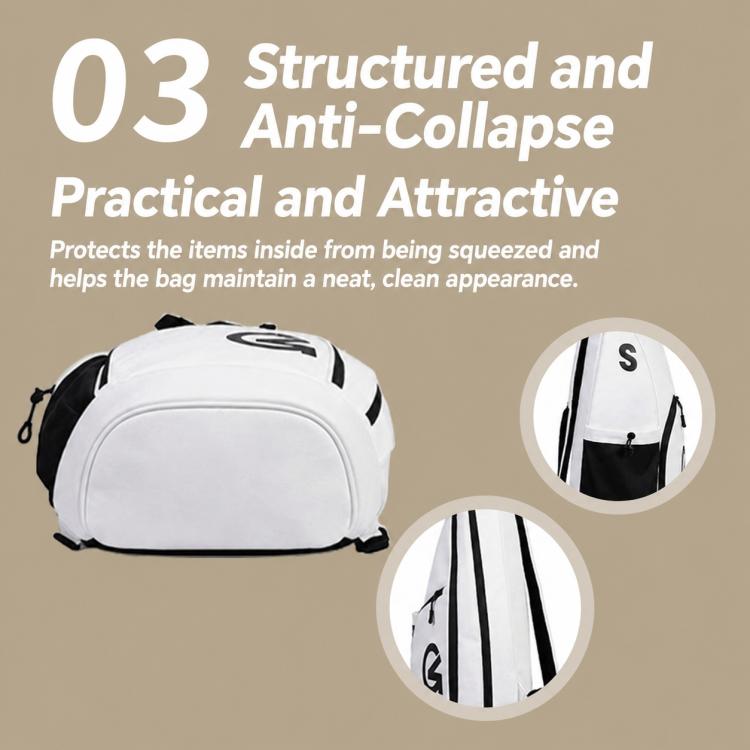 Structured white crossbody bag with anti-collapse shape and black side accents