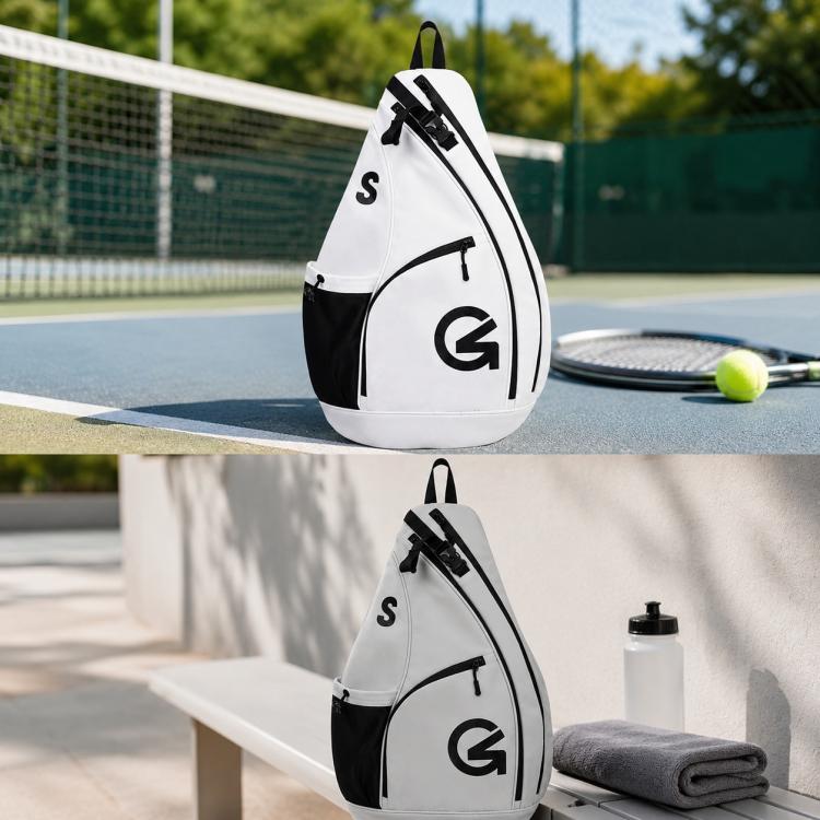 White triangular crossbody sports bag with black front pocket and zipper pulls