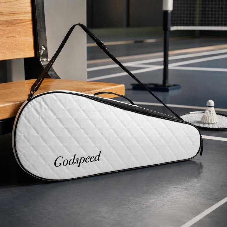 White quilted badminton racket bag with black trim and single shoulder strap